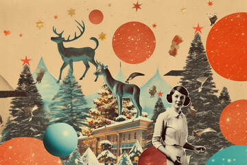 Generative ai. Christmas flat retro collage