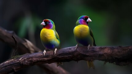 Fototapeta premium Gouldian finch (Erythrura gouldiae), also known as the Lady Gouldian finch, Gould's finch or the rainbow finch, is a colourful passerine bird endemic to Australia. Generative AI 