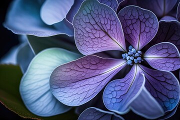 Close-up of a violet hydrangea blossom in bloom. Generative AI - obrazy, fototapety, plakaty