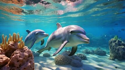 Naklejka na ściany i meble Playful dolphins on a sunny morning. Generative AI