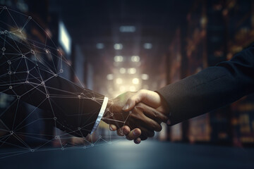 Businessman making handshake for successful business. Generative AI illustration.