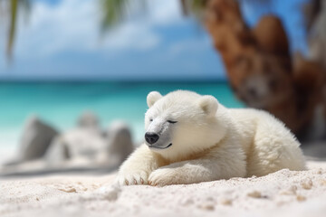 Polar bear sleeping on beach on tropic background Generative AI