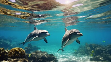 Playful dolphins on a sunny morning. Generative AI