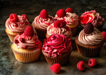 a group of fresh raspberry cupcakes