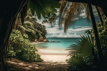 Fototapeta na wymiar A tropical beach and palm palms. Generative AI