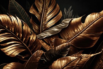 Banana leaves and a palm are grungy bronze. exotic tropical style. Dark, hand-drawn vintage artwork. background of abstract nature. Excellent for high-end murals, textile, fabric, and wallpaper