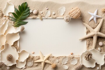 Framed in sand with eucalyptus and seashells. Cord, starfish.Copy space on a monochromatic off white flat lay. Summer welcome text frame. Generative AI