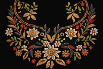 A textile embroidery neckline with decorative embroidered ornaments and a black background is designed. Generative AI