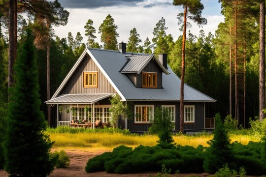 A picture of a wooden house in the midst of a forest that is green. The benefits and drawbacks of a wooden house as well as the idea of suburban real estate. Generative AI