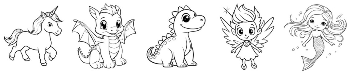 Magic fantasy creatures - cute Unicorn, Dragon, Dinosaur, Fairy and Mermaid, simple thick lines kids or children cartoon coloring book pages. Clean drawing can be vectorized. Generative AI