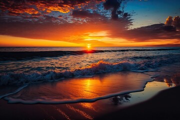 serene beach scene with a sunset over the ocean. Generative AI