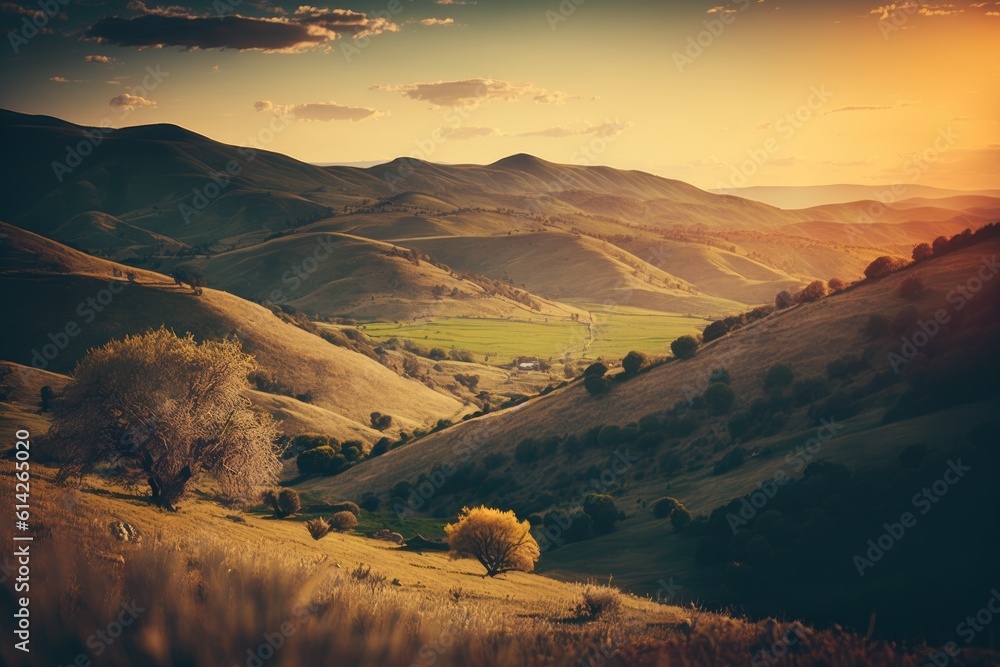 Poster rolling hills with a forest in the foreground. generative ai