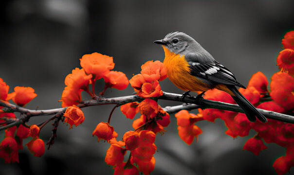 flame robin on a branch with orange flowers. Generative AI image.