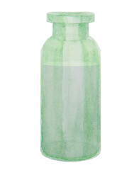 Watercolor green glass bottle. Clip art, drawing, sketch, illustration. Stylish original hand-drawn graphic. Fashion, spa, beauty, cosmetics, medicine.