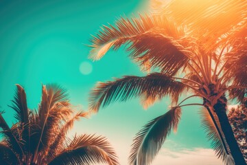 Background of tropical coconut or palm palms in sunshine. For holiday vacation planning. Pastel toned impact. Generative AI