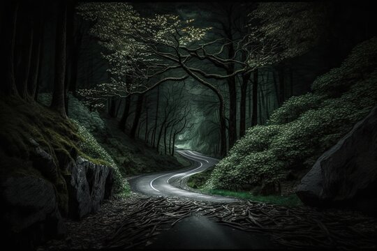 mysterious forest road at night, surrounded by tall trees and shadows. Generative AI