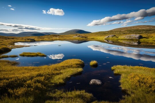 A typical Norwegian view at the Dovrefjell national park on a beautiful summer day with blue sky. Generative AI