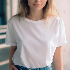 Young woman wearing white cotton t-shirt, styled photo, mock-up. Created with Generative AI technology