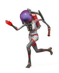 alien girl astronaut is holding a gun and running