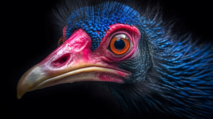 Portrait of a large forest bird with a large beak and a red-blue Cassowary head