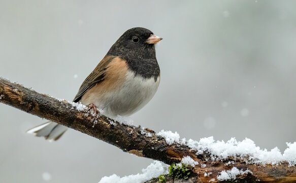 a junco bird perched on a snow covered branch during a snow storm