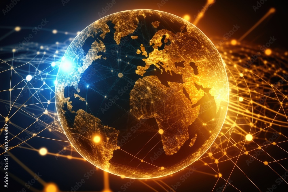 Poster the earth with interconnected lines and dots depicting global connectivity. generative ai