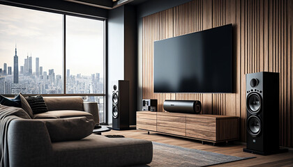 The trendy living area features a home theatre with a television screen and speakers - obrazy, fototapety, plakaty