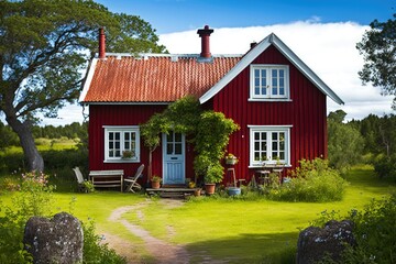 Fototapeta na wymiar An old-fashioned red wooden home in the summer on the Swedish island of Oland. The home has a nice, bright garden all around it. Generative AI