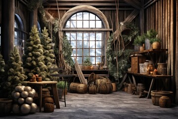 Obraz na płótnie Canvas Decorated Winter Christmas Interior. Illustration Generative AI.