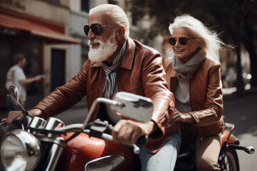 Happy seniors on holidays retired. Couple on scooter in  Europe. Generative AI. Copyspace