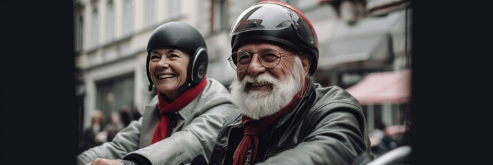 Obraz na płótnie Canvas Happy seniors on holidays retired. Couple on scooter in Italy, Europe. Generative AI. Banner. Copyspace