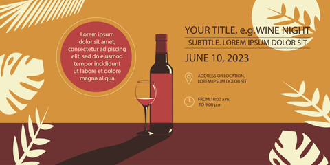 Banner or flyer with a bottle of wine and a glass of wine. Wine night or other event. Add your own text.