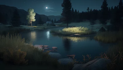 Fototapeten At night a meadow with a pond conifers and hills © drizzlingstarsstudio
