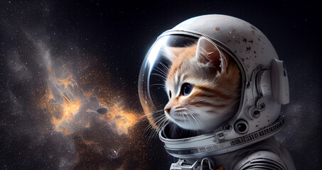 Naklejka premium kitten dressed as an astronaut on the background of the starry sky. Created with Generative AI