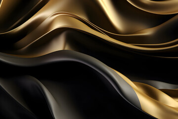 Abstract Background with 3D Wave Elegant Gold and Black Gradient Silk Fabric Generative AI