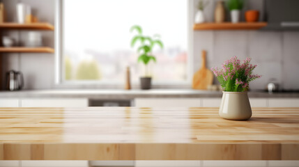 Fototapeta na wymiar Wooden table top on blur kitchen room background,Modern kitchen room interior.