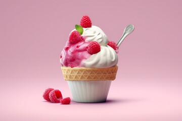 Ice cream cone with rasberry topping on a blue background. AI Generative