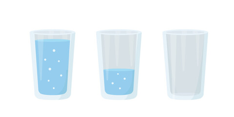 Glasses for drinks. Glass full of water, half filled and empty glass. Vector illustration isolated on white background.