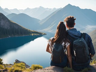 Naklejka premium couple back view on top of a mountain looking. ai generative
