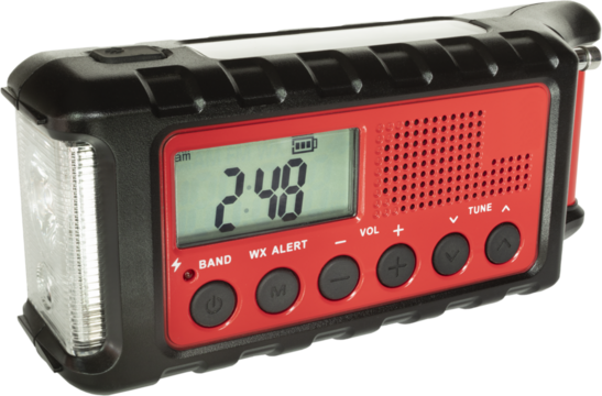Emergency weather radio with rechargeable batteries