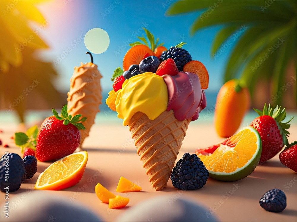 Poster ice cream with random fruits on light background. ai generative