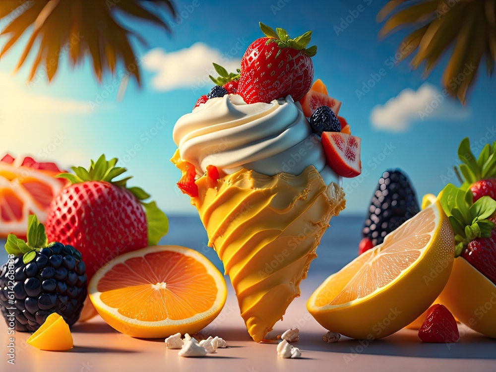 Poster ice cream with random fruits on light background. ai generative