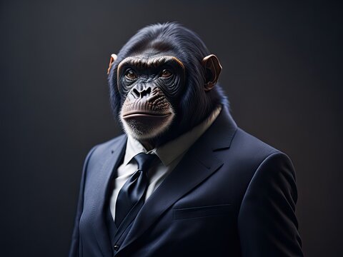 Portrait of a chimpanzee dressed in an elegant business suit. ai generative