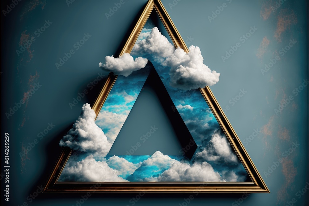 Poster frame made with covered white cloud in the sky in triangle shape. concept of luxurious fantasy windo