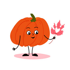 Happy pumpkin with leaf in hand with heart. Autumn character