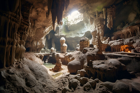 A picture of a cave from the inside, displaying beautiful natural colors and intricate decorations