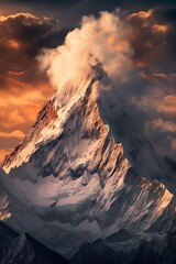 This awe-inspiring photograph showcases a breathtaking natural landscape, transporting the viewer to a realm of enchantment. The image is framed by towering, snow-capped mountains
