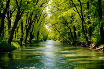 A green-colored river during the spring season, with green and brown trees lining its banks