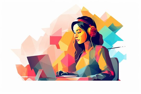 illustration, young customer service representative working in front of a computer, minimalist on a white background. generative ai