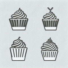 Gray set of cupcake in various style, outline icon
